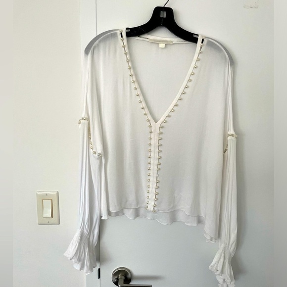 Jonathan Simkhai V-Neck Long-Sleeve Studded Crepe Top with faux pearl - Picture 1 of 7